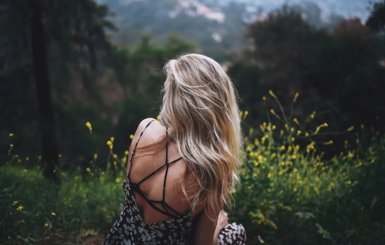 Photo wallpaper girl, flowers, nature, hair, back, sundress