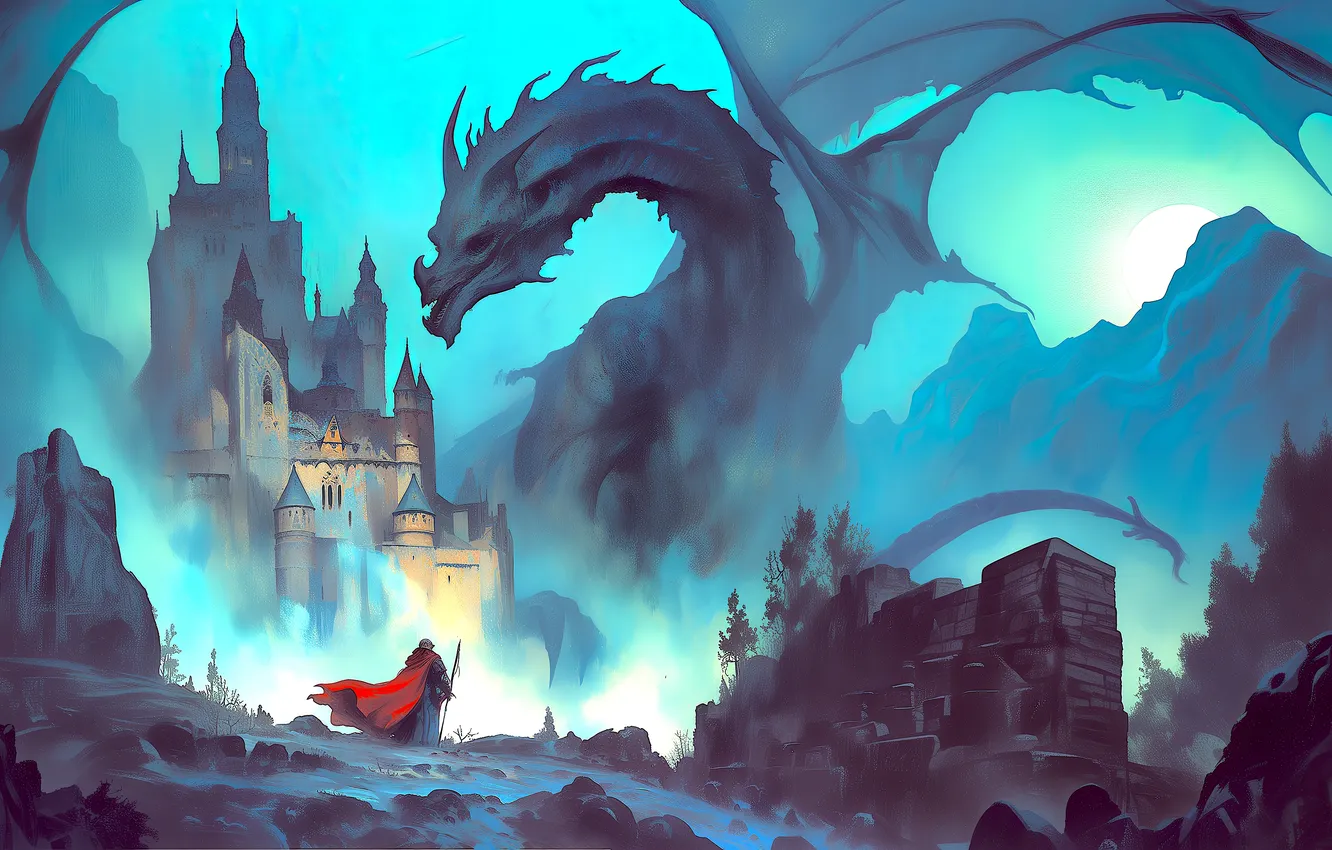 Photo wallpaper moon, fantasy, Dragon, night, mountains, castle, elf, digital art
