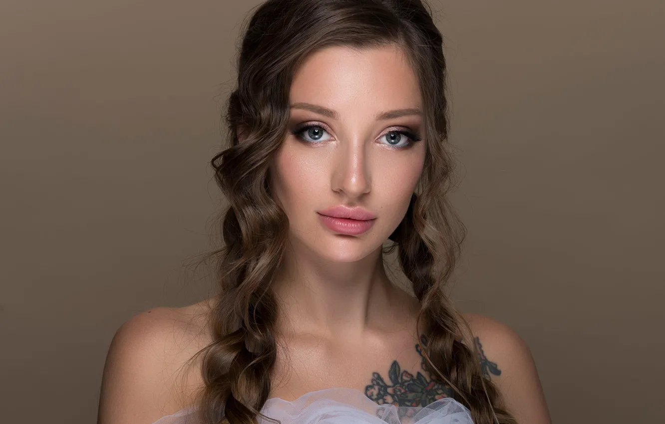 Photo wallpaper look, background, model, portrait, makeup, tattoo, hairstyle, brown hair