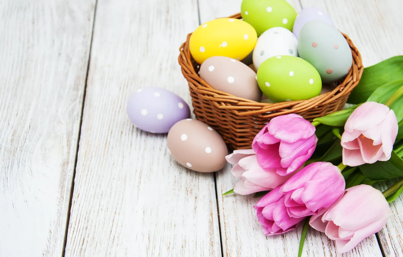 Photo wallpaper flowers, eggs, spring, colorful, Easter, tulips, wood, pink