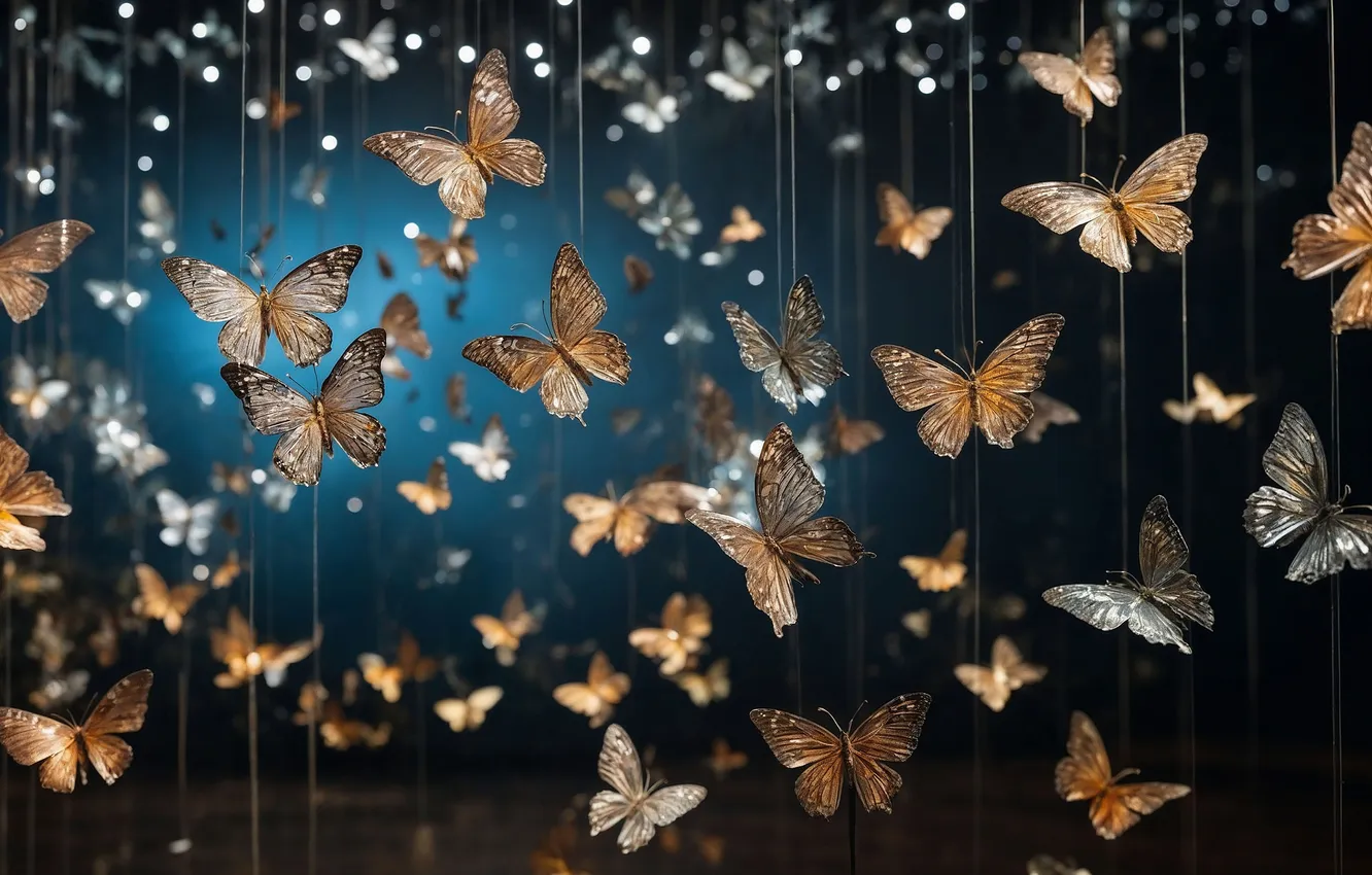 Photo wallpaper decoration, the dark background, butterfly, texture, silver, sequins, gold, thread