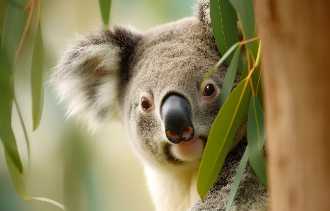 Photo wallpaper look, leaves, trees, portrait, face, Koala, AI art, neural network