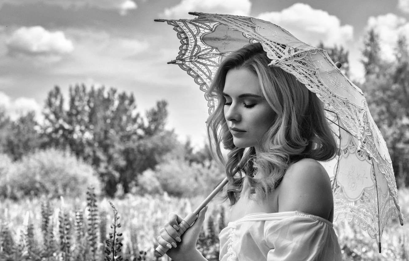 Wallpaper black and white, umbrella, Ilya Miloradov, Kristina Kass for ...