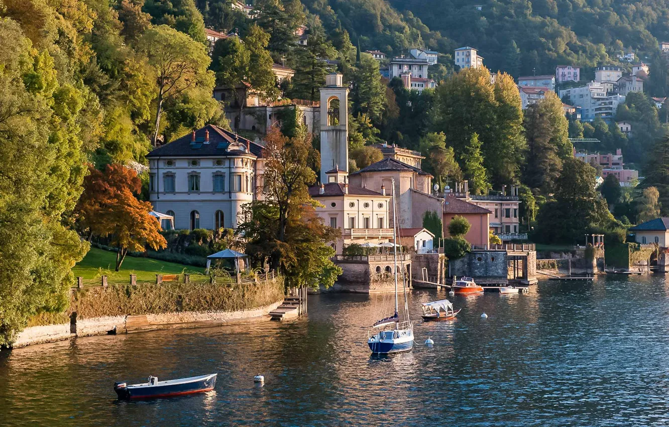 Photo wallpaper lake, boat, Villa, Italy, Como, Villa Flori
