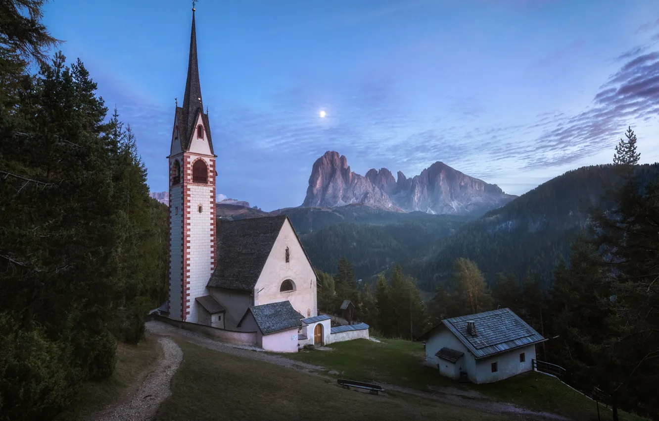 Photo wallpaper forest, landscape, mountains, nature, the moon, morning, Italy, Church