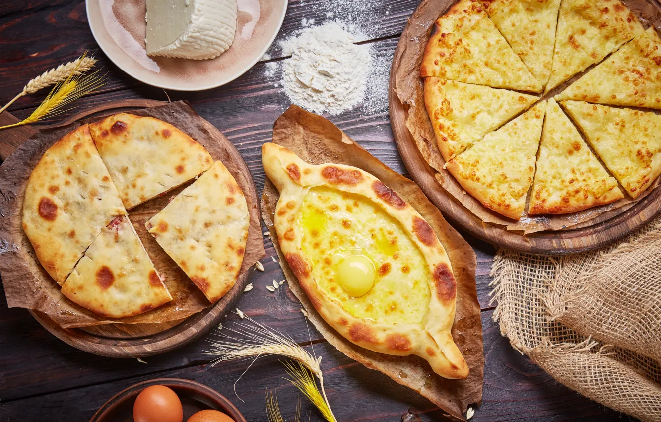 Photo wallpaper eggs, cheese, flour, hachapuri