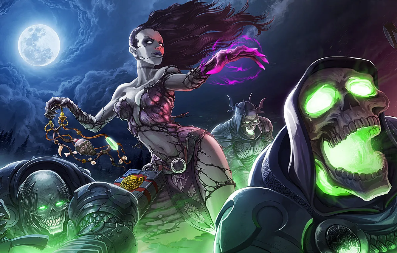 Photo wallpaper night, death, fiction, darkness, the moon, Dead, art, skeleton