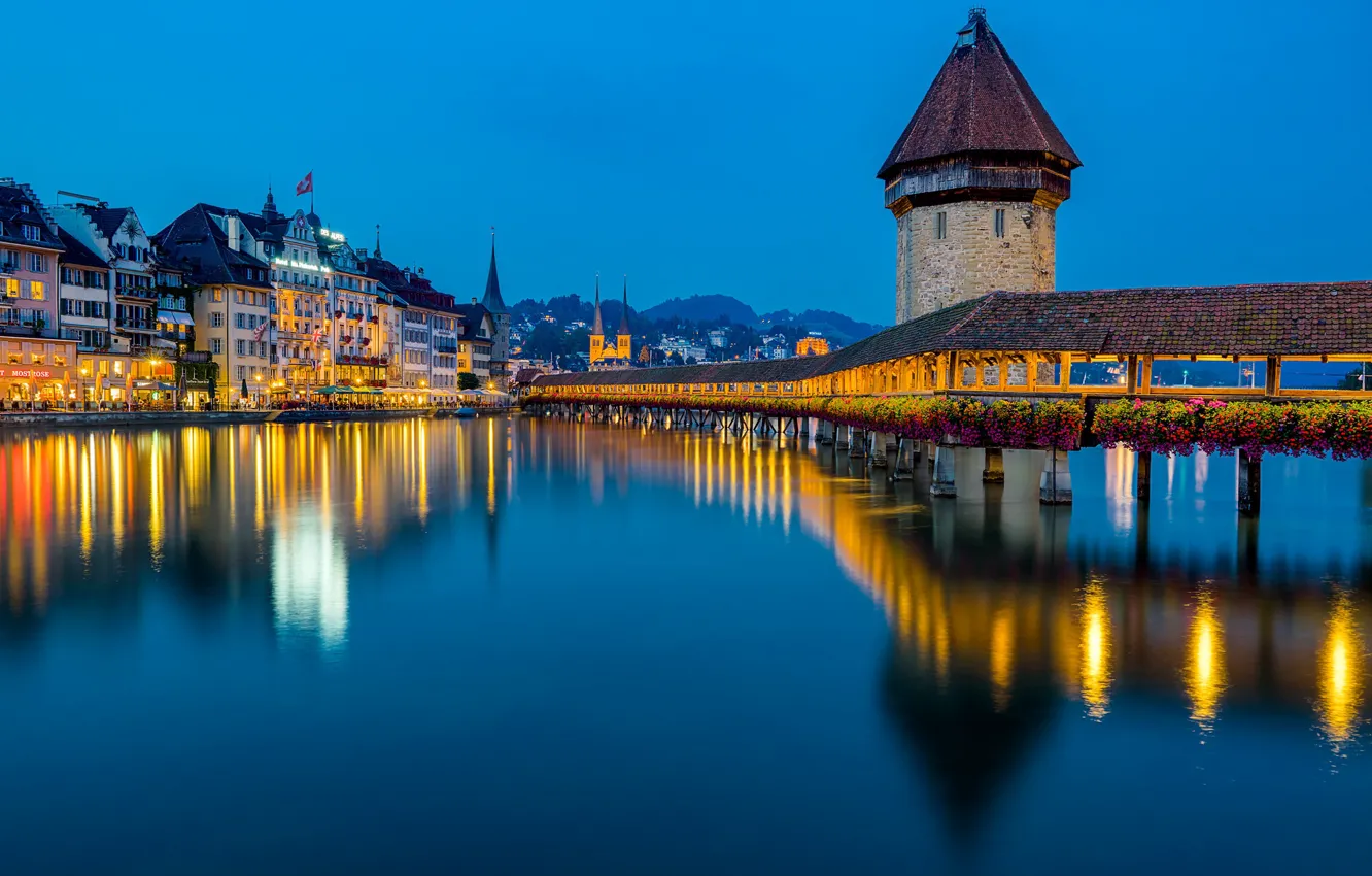 Photo wallpaper bridge, reflection, river, building, tower, Switzerland, night city, Switzerland