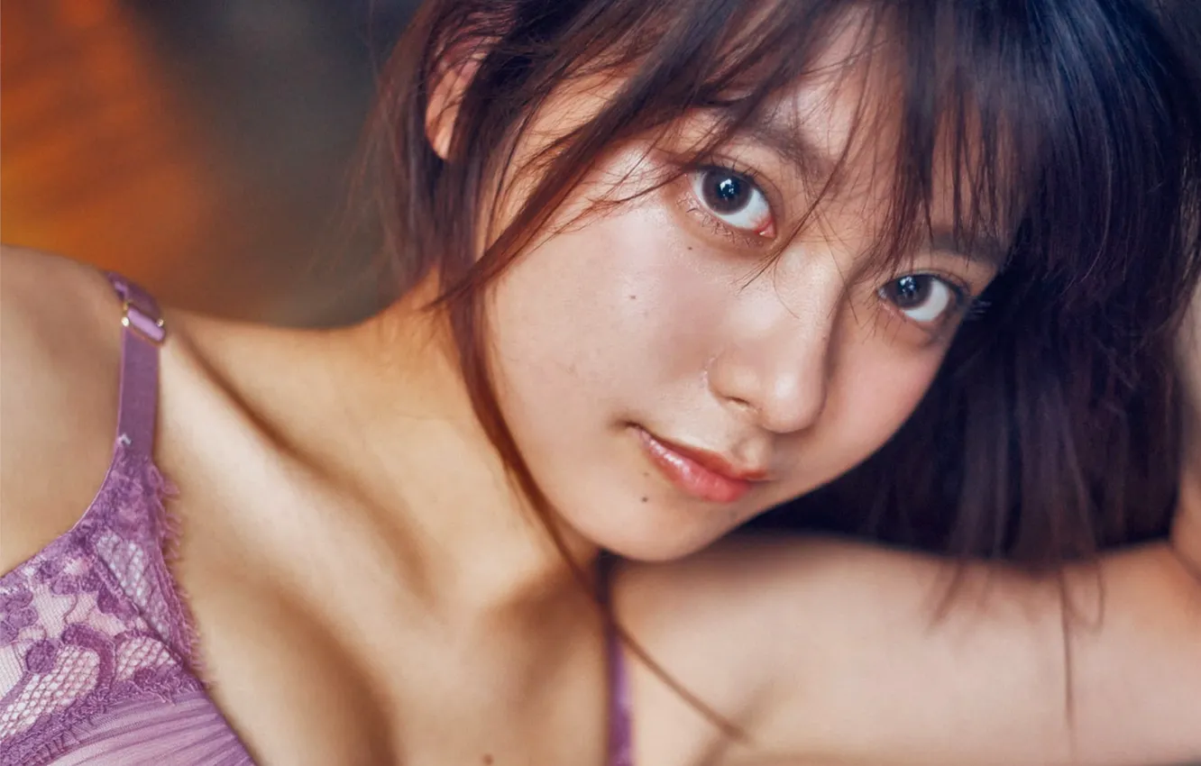Photo wallpaper cleavage, dress, model, brunette, look, asian, pose, lying down