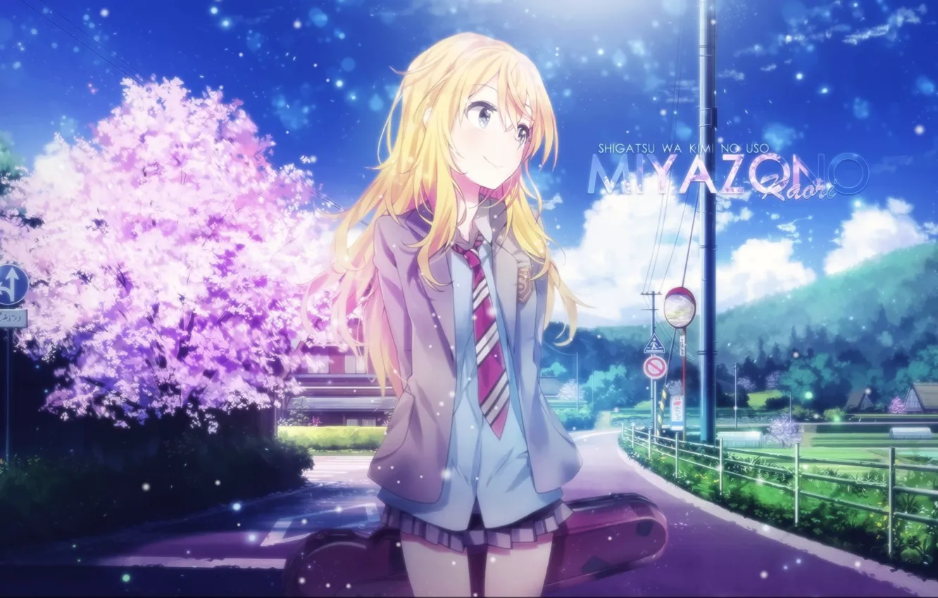 Photo wallpaper anime, sunny day, sakura, blue sky, cute, particles, miyazono kaori, your lie in april