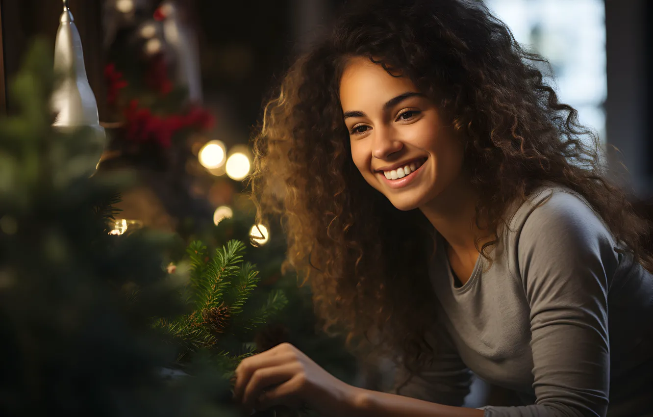 Photo wallpaper girl, joy, face, smile, emotions, holiday, new year, portrait