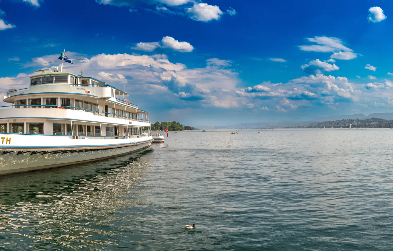 Photo wallpaper clouds, lake, Switzerland, panorama, Zurich, River court