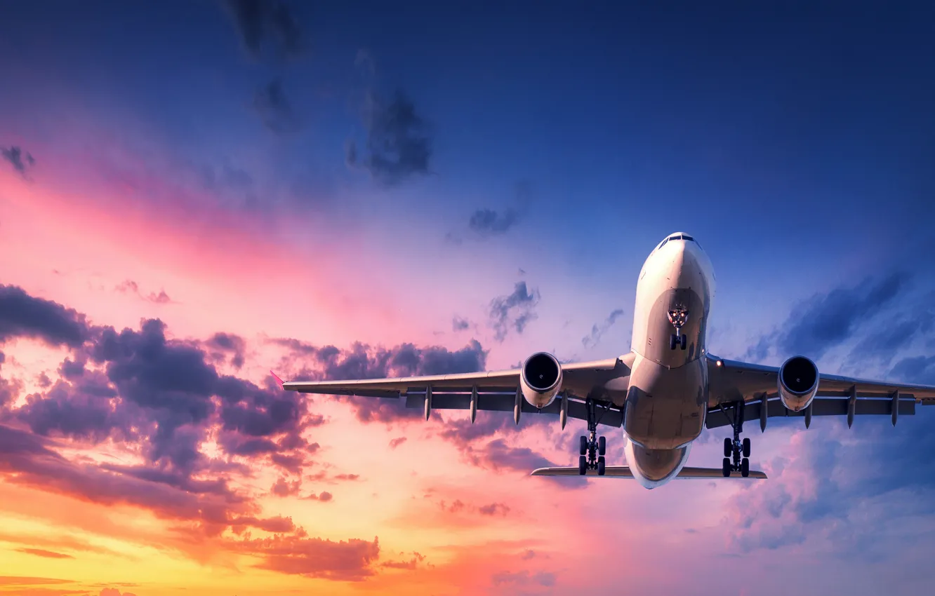 Photo wallpaper the sun, clouds, flight, sunset, the plane, in the sky, passenger, Flies