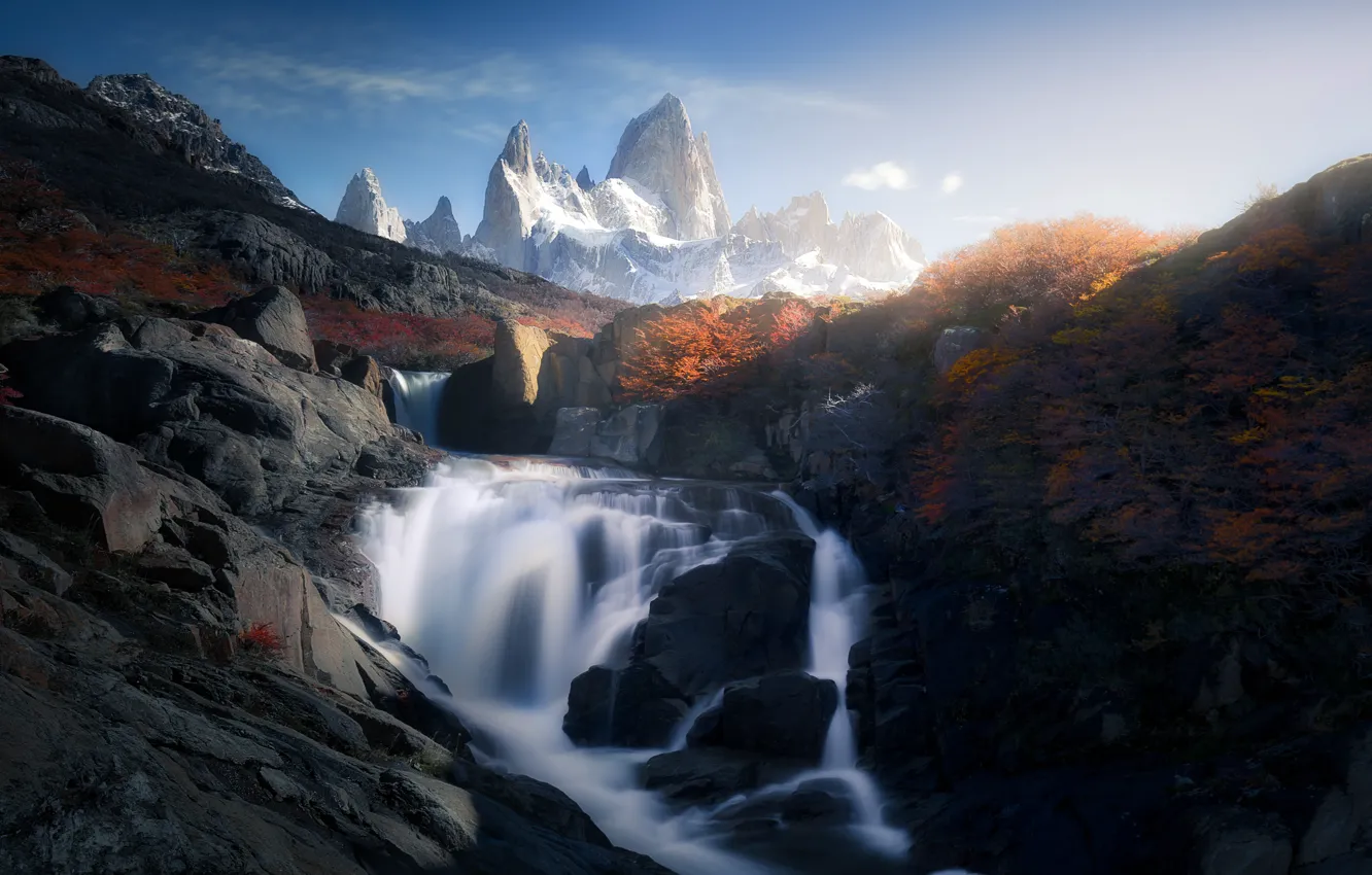 Photo wallpaper landscape, mountains, nature, stones, waterfall, Andes, National Park, Patagonia