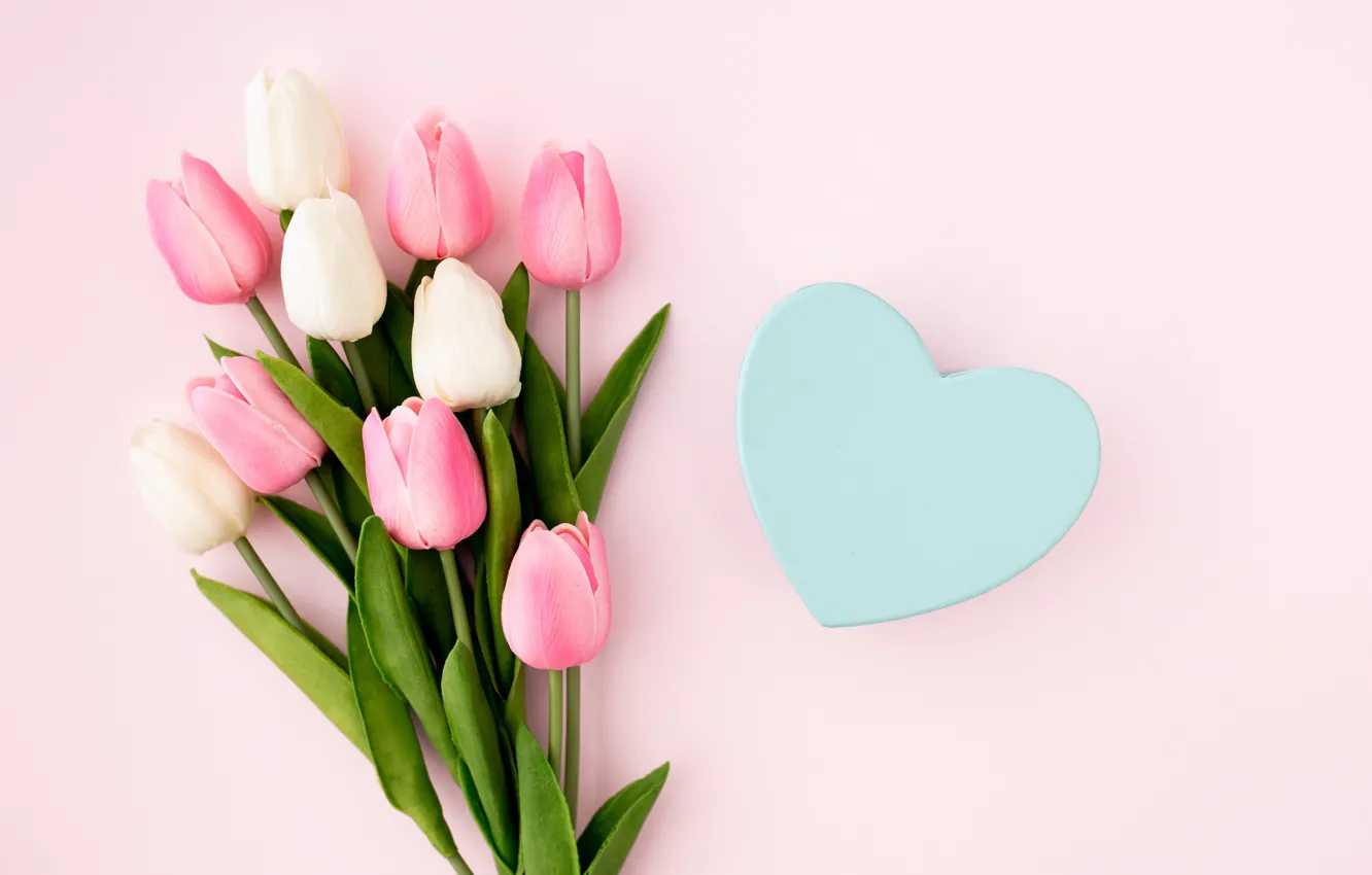 Photo wallpaper background, bouquet, hearts, tulips, pink, pink, tulip, bouguet