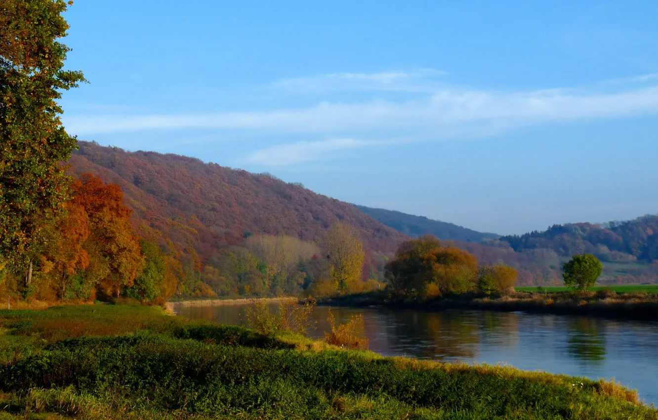 Photo wallpaper autumn, grass, trees, mountains, river, Nature, river, trees