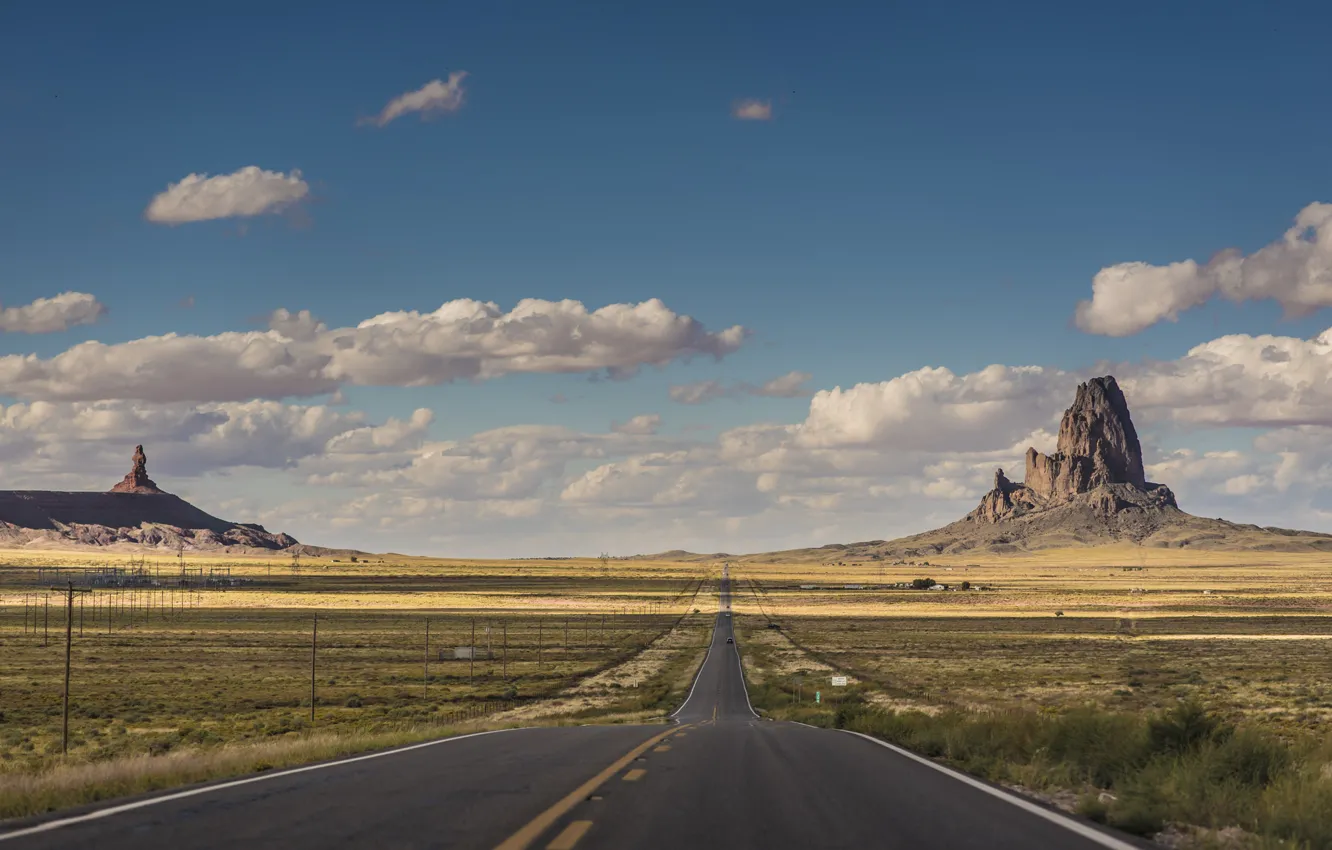 Photo wallpaper road, the sky, clouds, border, AZ, Utah, cars, power lines