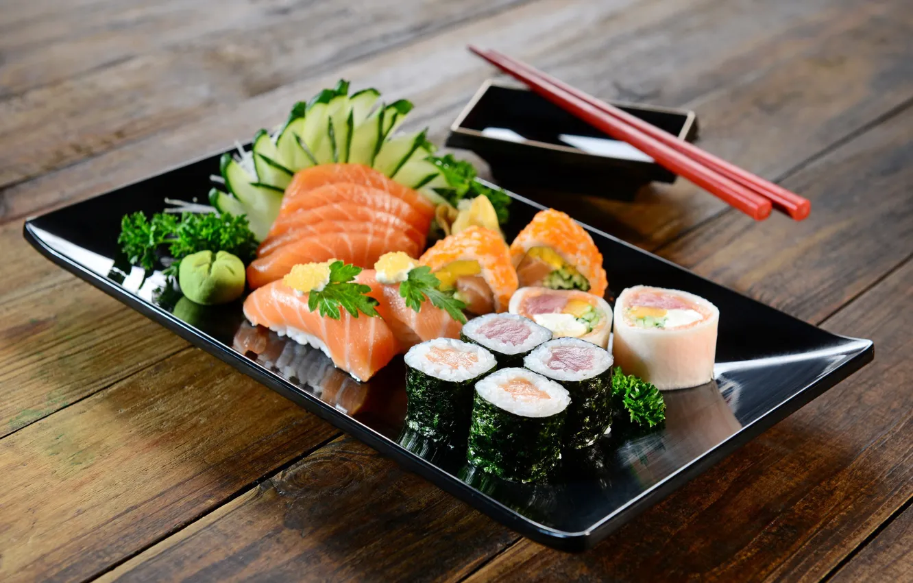 Photo wallpaper fish, sushi, rolls, Japanese cuisine