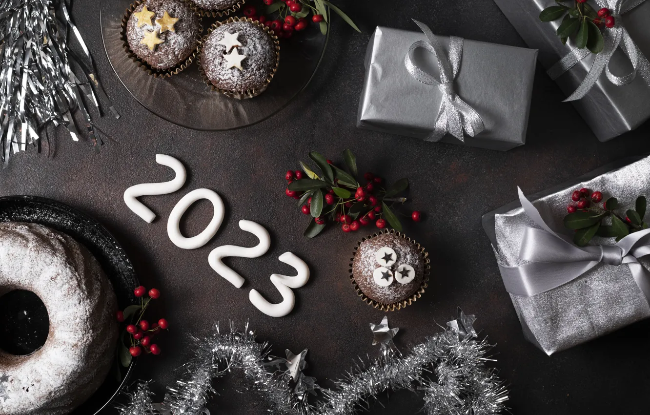 Photo wallpaper berries, table, box, gift, silver, new year, silver, fruit