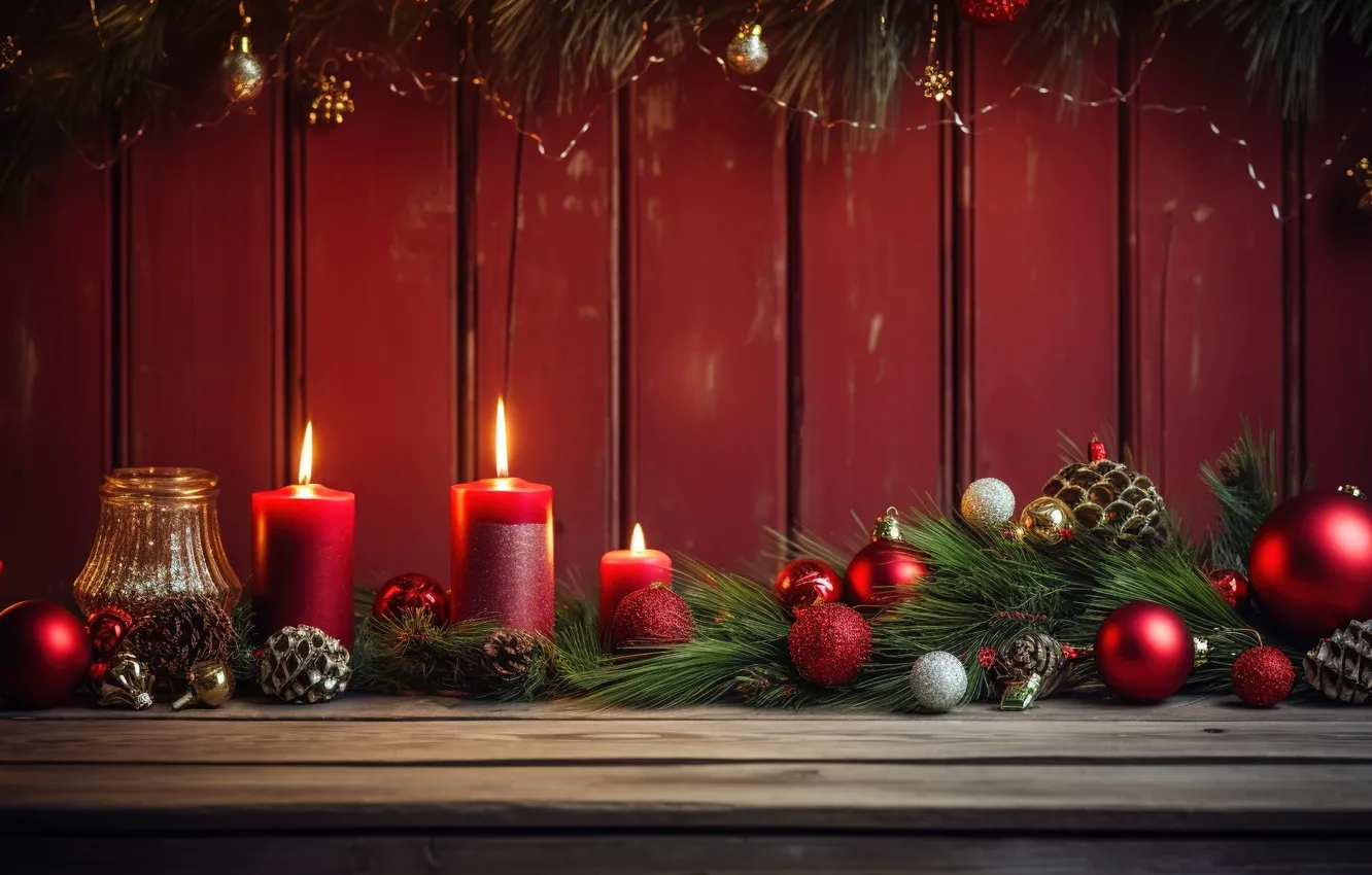 Photo wallpaper decoration, balls, candles, New Year, Christmas, red, new year, Christmas