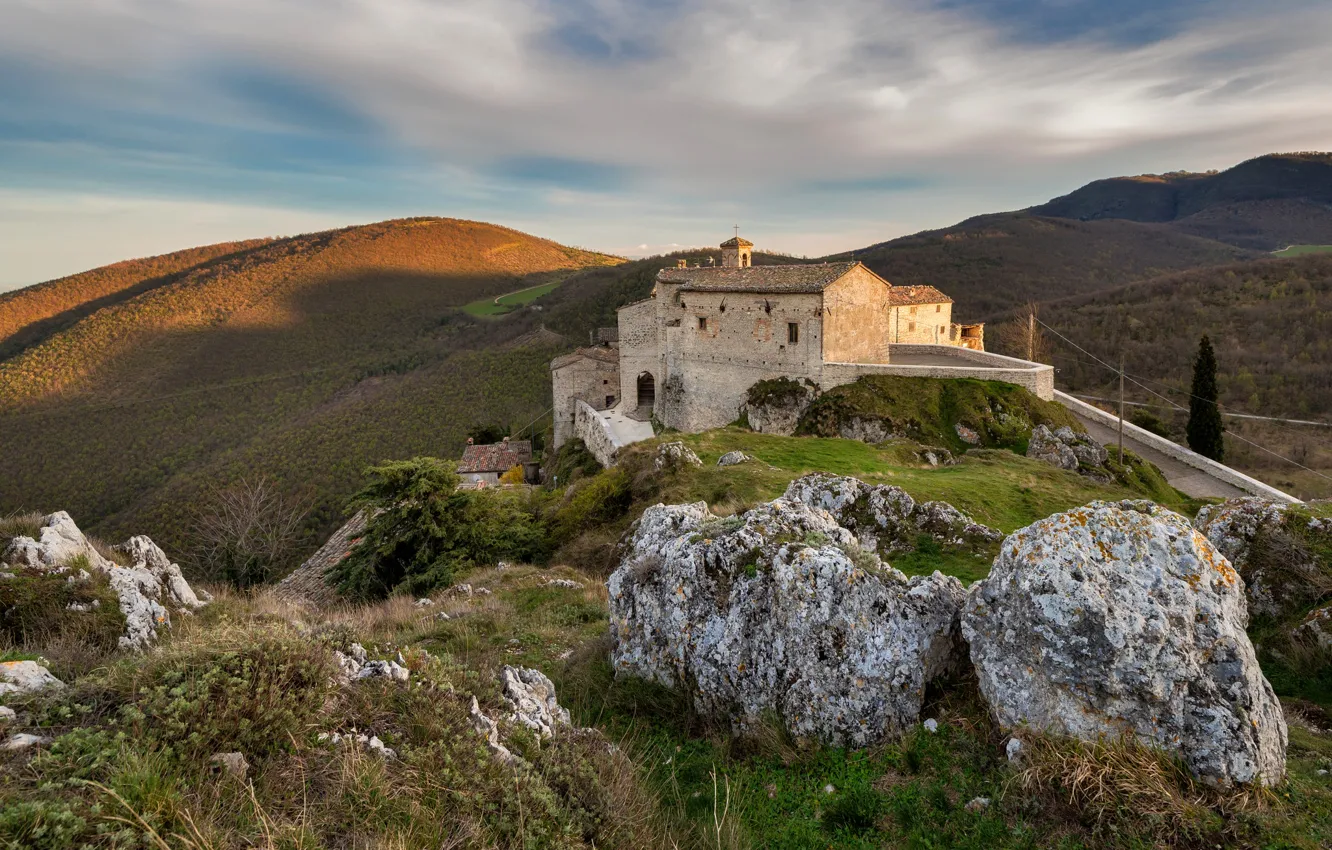 Photo wallpaper mountains, stones, castle, hills