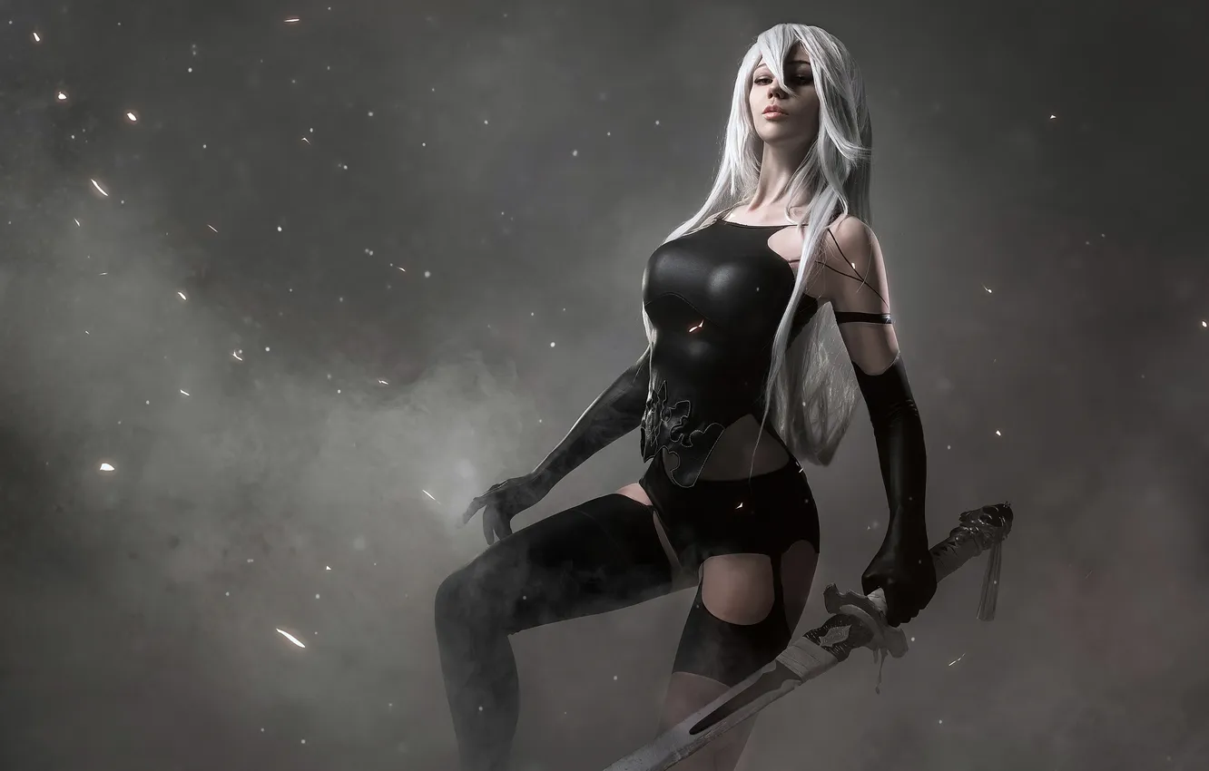 Photo wallpaper the game, sword, costume, image, wig, the heroine, cosplay, Nier Automata