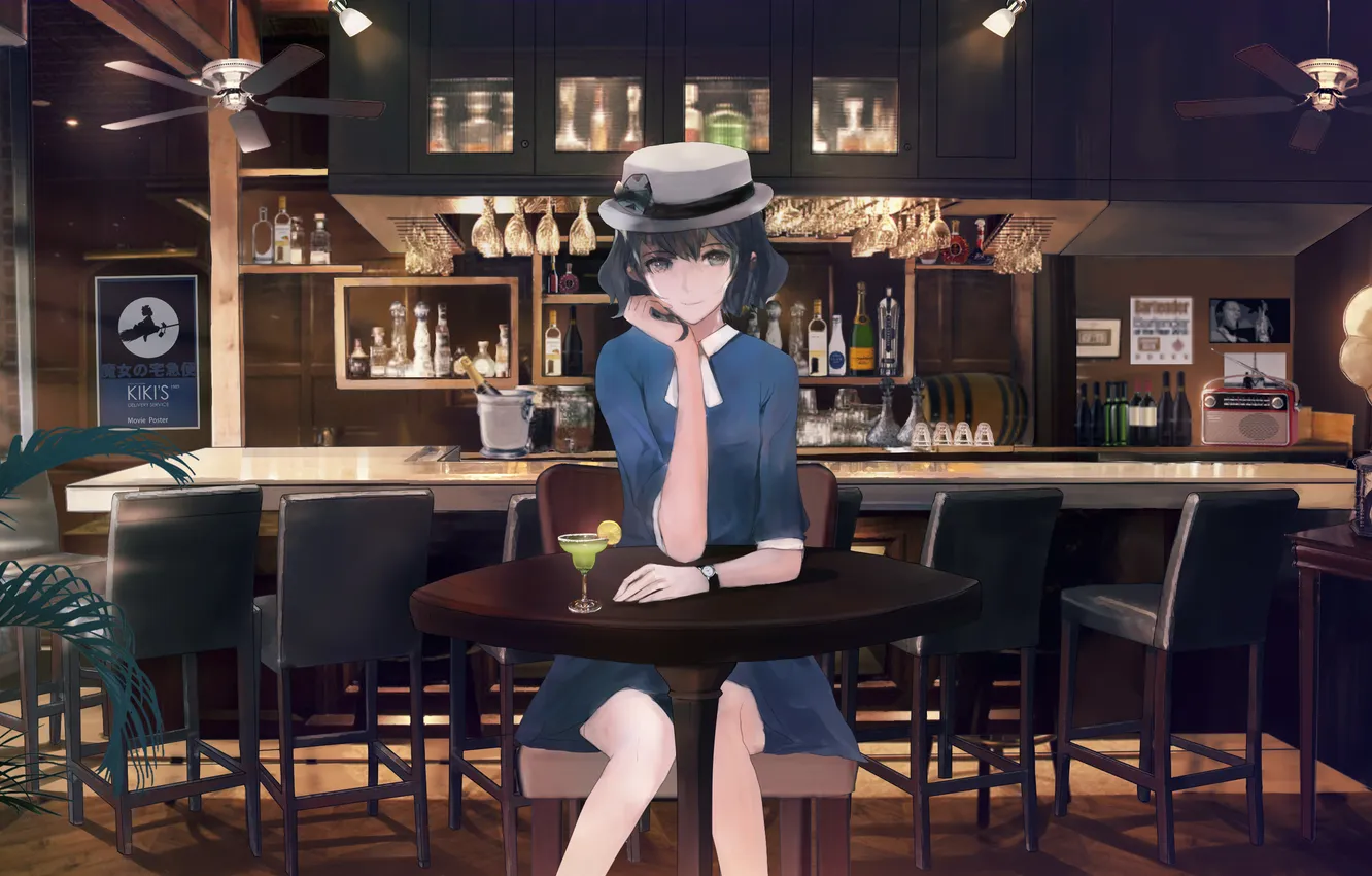 Photo wallpaper look, girl, smile, table, bar, hat, dress, chair