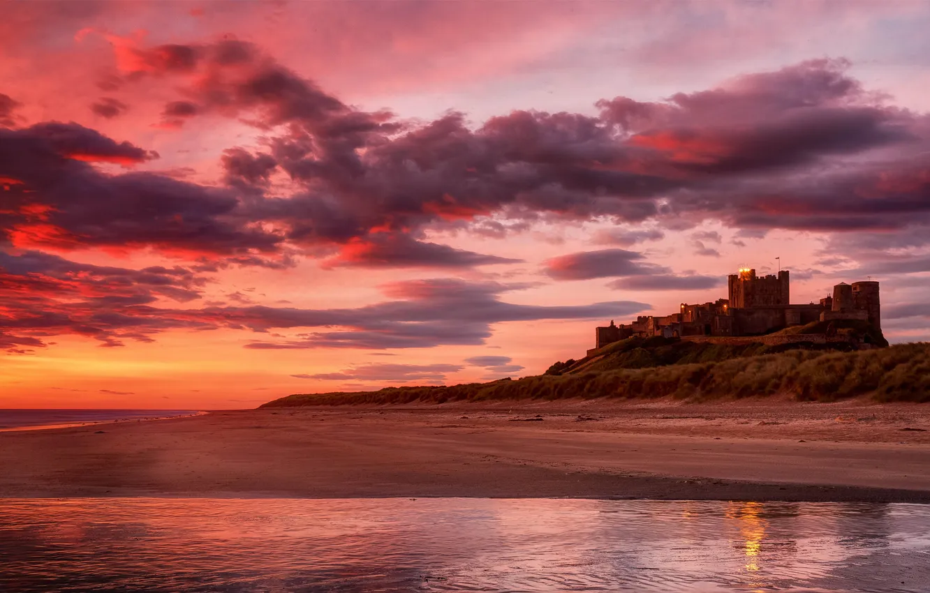 Photo wallpaper sand, sea, sunset, castle, shore