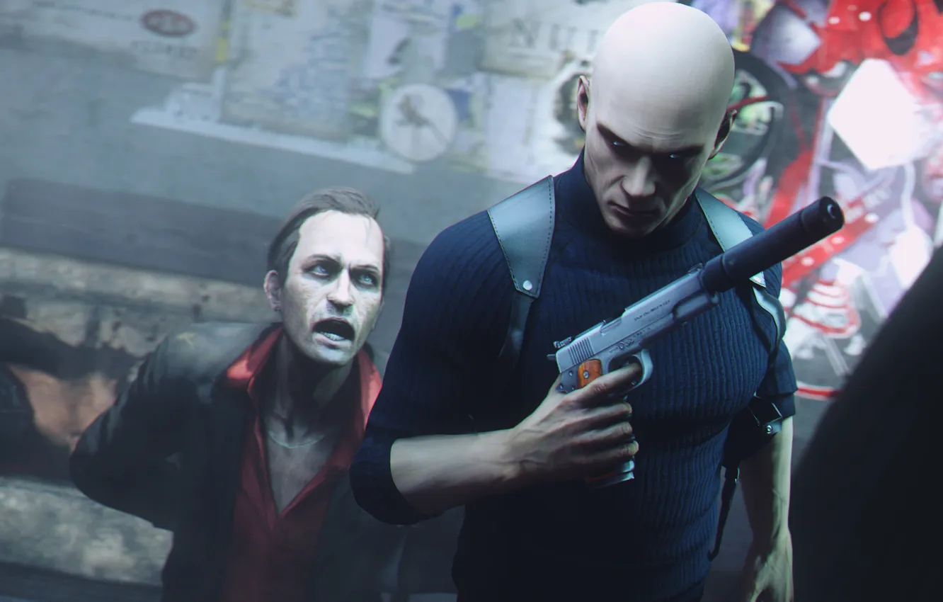Photo wallpaper gun, bald, male, Hitman, killer, killer, muffler, codename 47