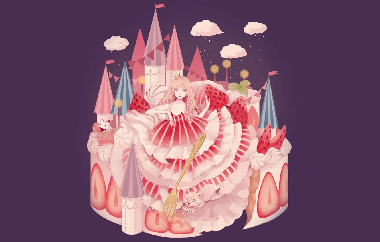 Photo wallpaper girl, clouds, crown, strawberry, plug, Cake