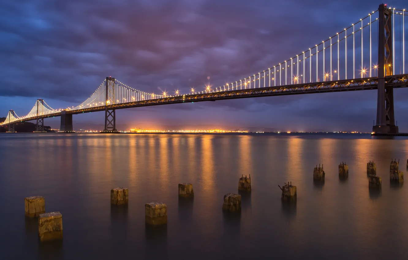 Photo wallpaper bridge, lights, the evening, San Francisco, Bay Bridge, South Beach, Dusk