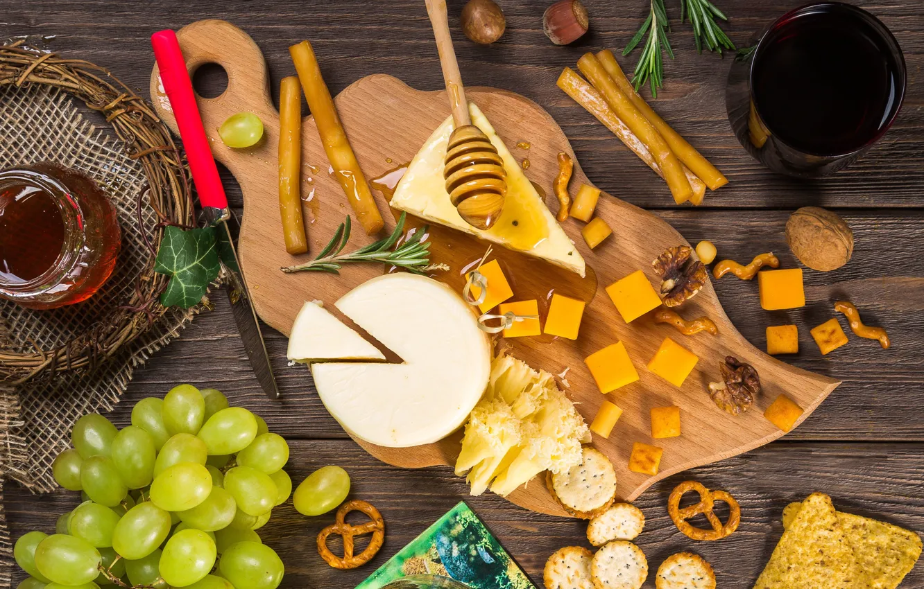 Photo wallpaper cheese, cookies, honey, grapes, nuts, crackers, cheese, biscuits