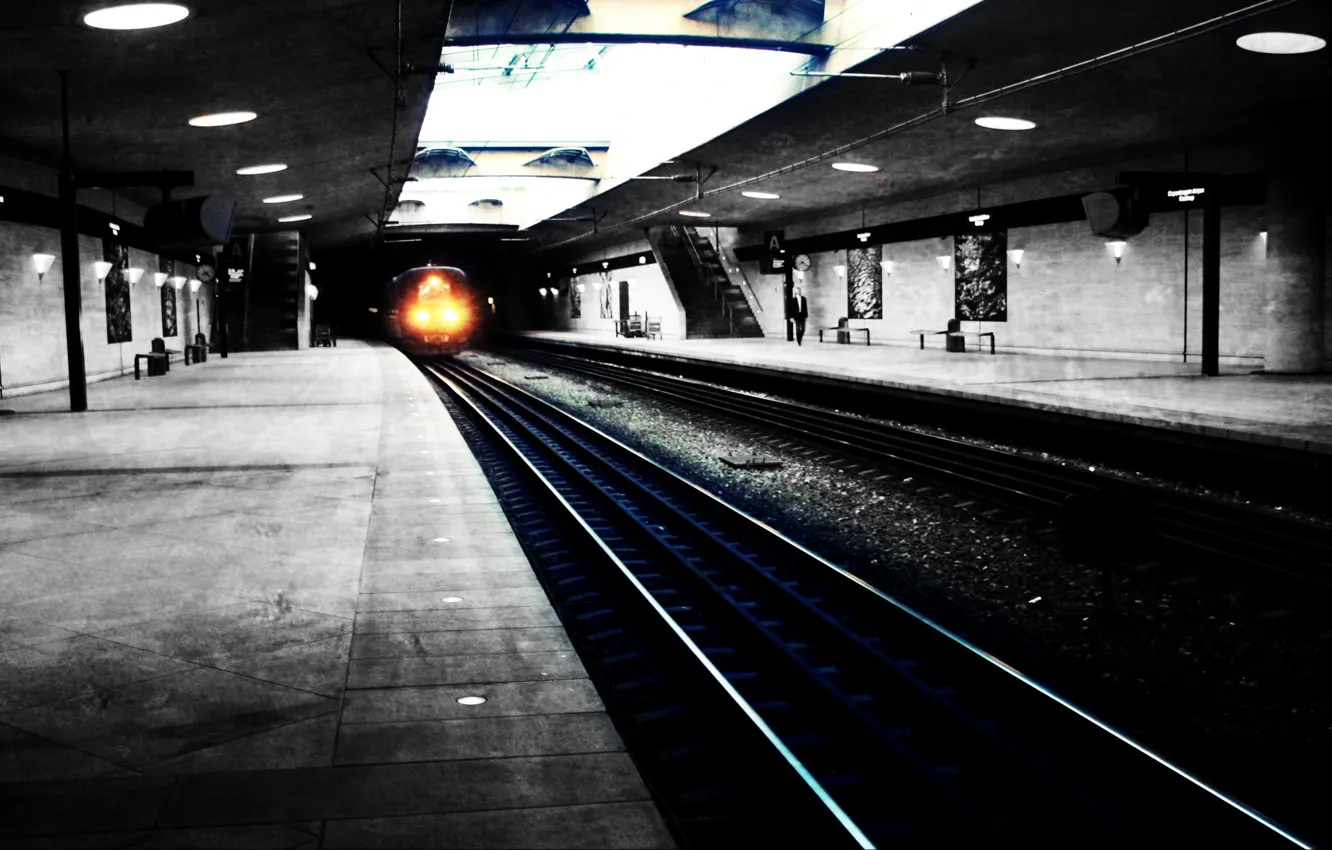 Photo wallpaper light, the way, city, the city, rails, train, Metro, wallpapers
