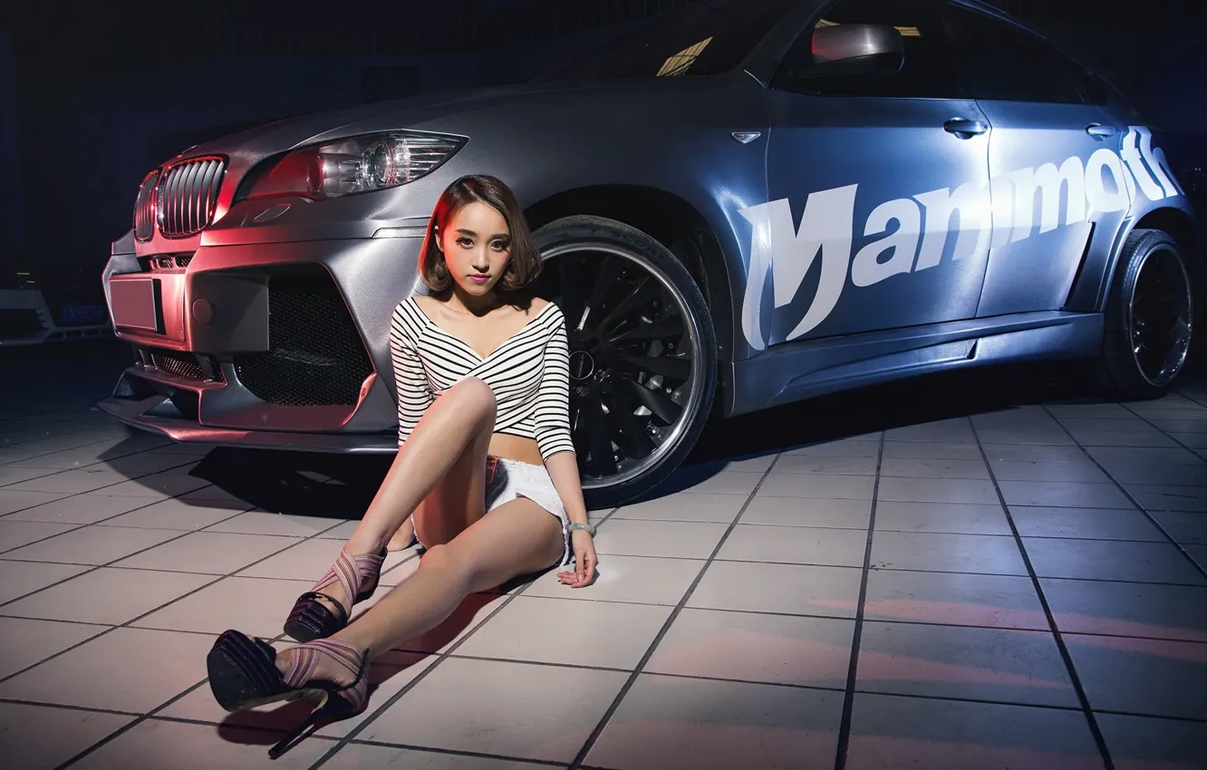 Photo wallpaper auto, look, Girls, BMW, Asian, beautiful girl, sitting on the machine