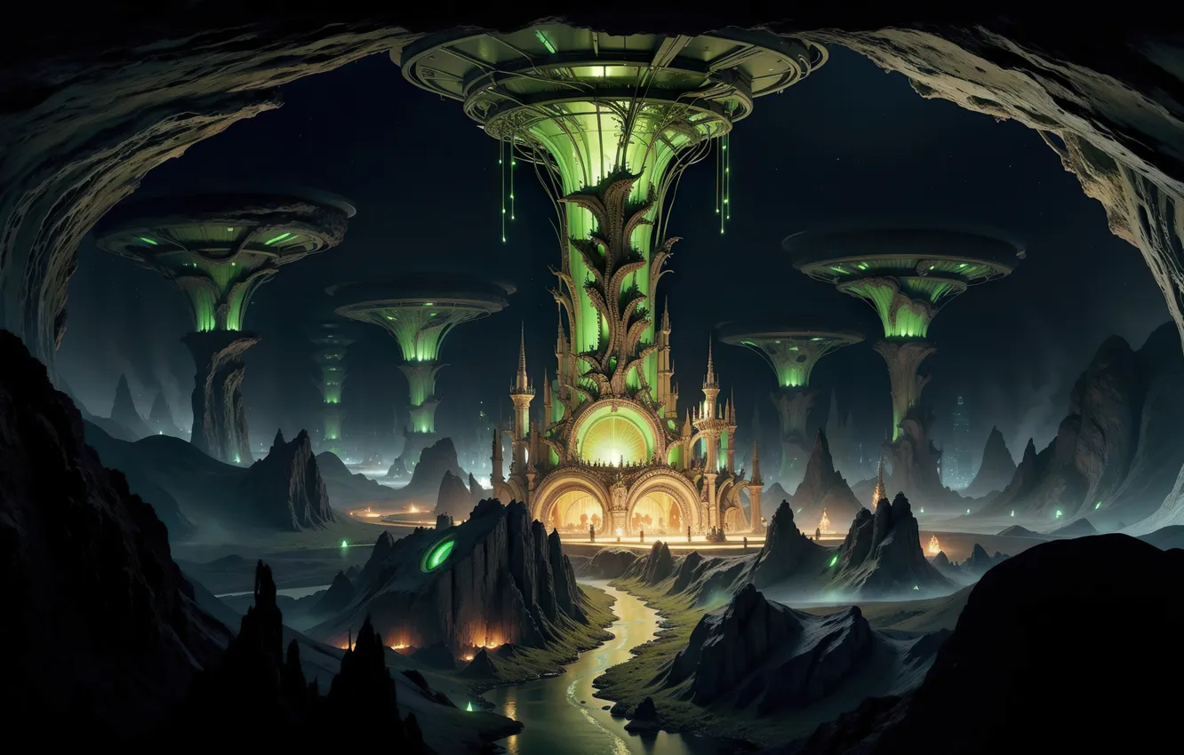 Photo wallpaper city, digital art, fantasy art, another world, surface, Alien Planet, Stable Diffusion, Neuronet