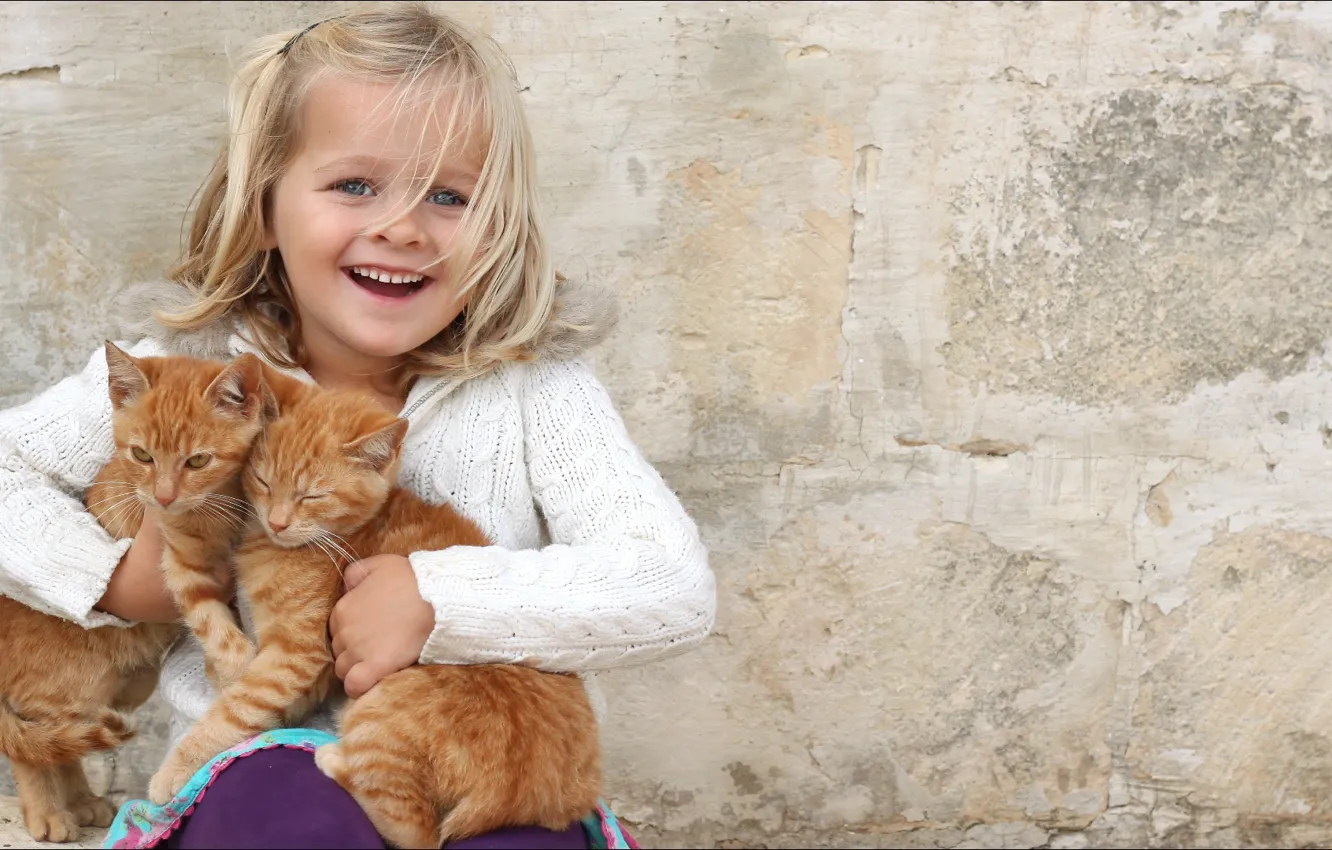 Photo wallpaper girl, smile, cats, kid, other