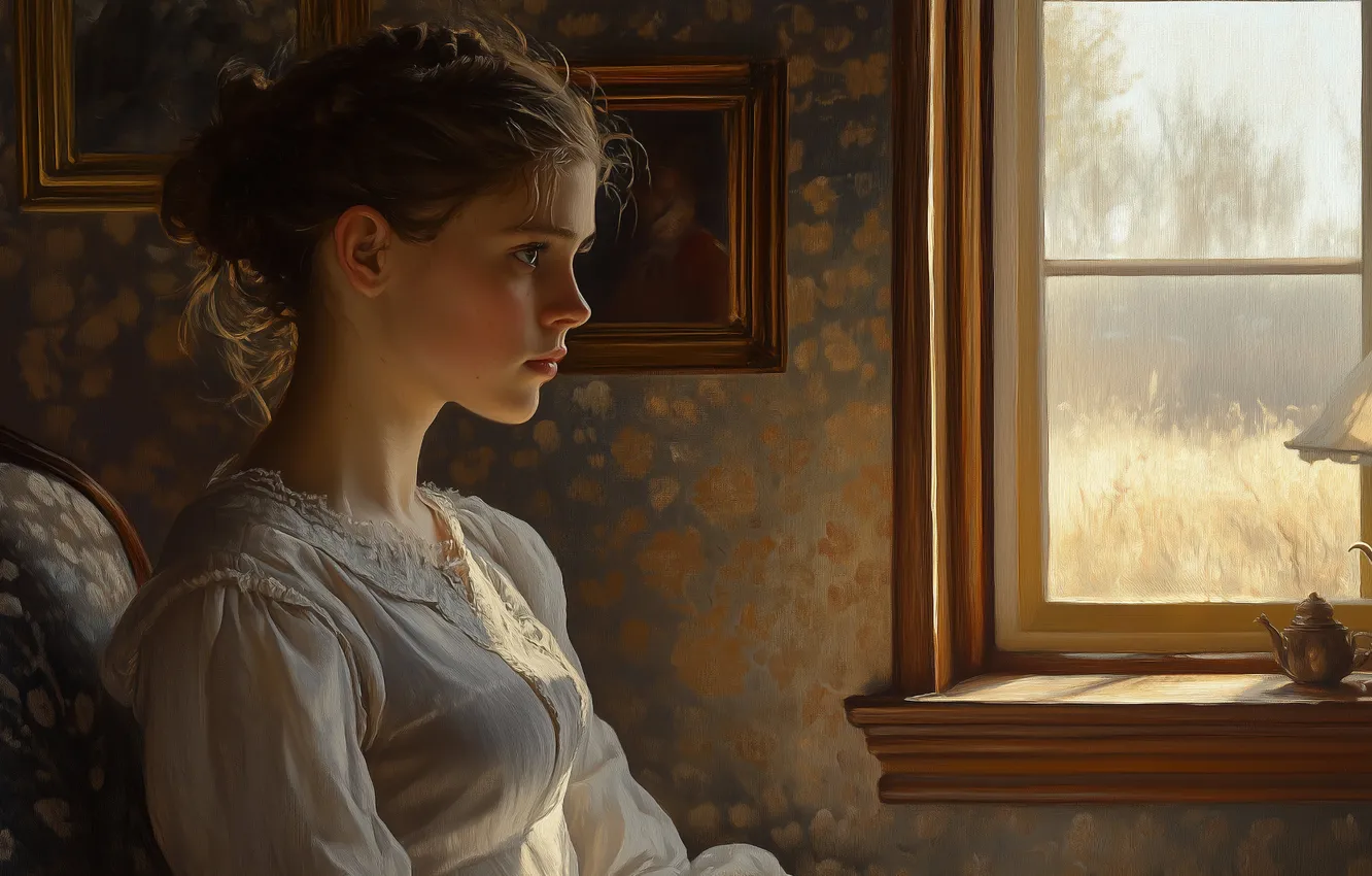 Photo wallpaper look, girl, light, retro, the dark background, room, wall, portrait