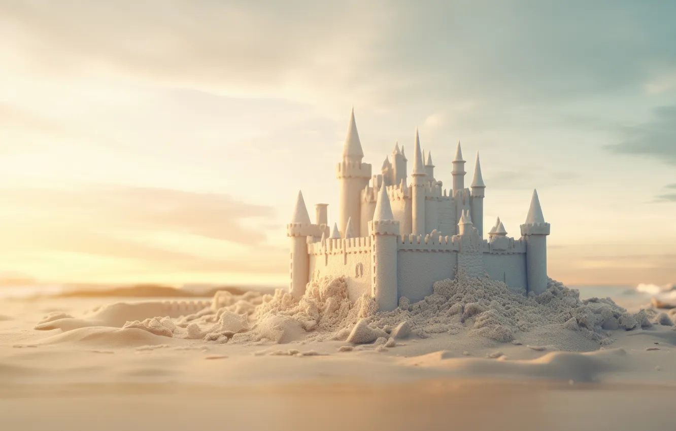Photo wallpaper sand, clouds, fog, castle, dawn, shore, morning, fantasy