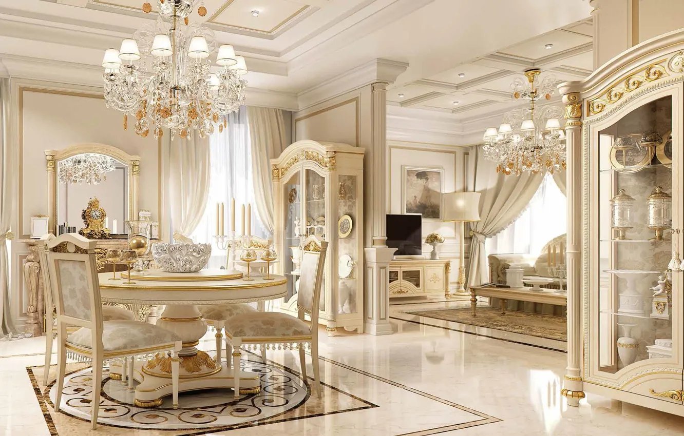Photo wallpaper white, table, room, mirror, chair, chandelier, gold, living room
