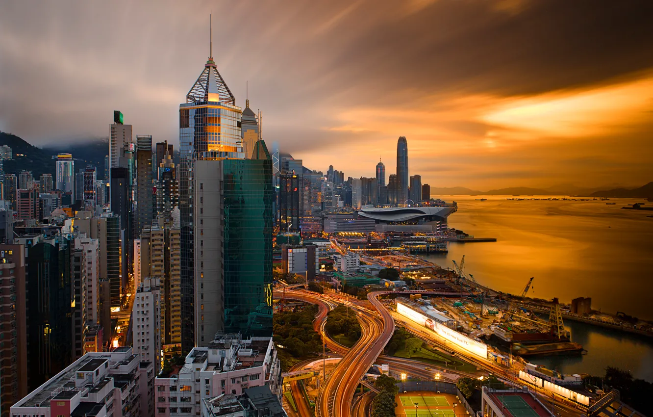 Photo wallpaper the sky, Hong Kong, the evening, excerpt, port, China, Hong Kong, China
