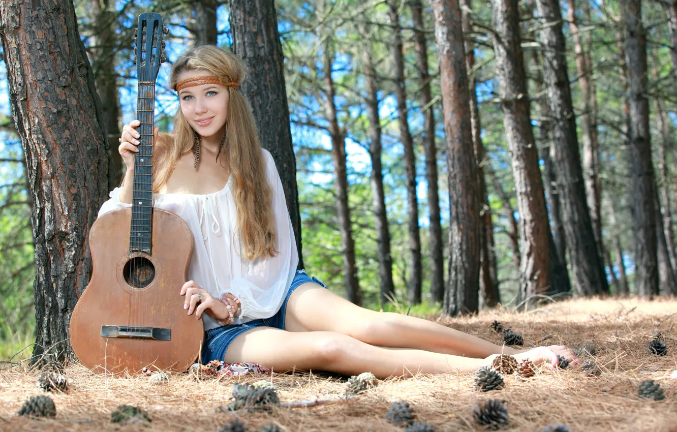 Photo wallpaper forest, girl, sweetheart, model, shorts, guitar, feathers, blonde