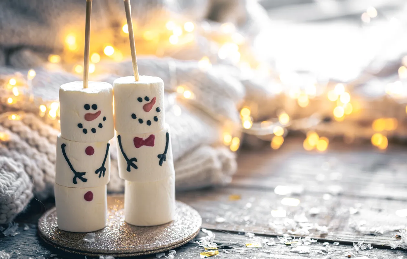 Photo wallpaper new year, Christmas, candy, snowman, a couple, Duo, faces, dessert