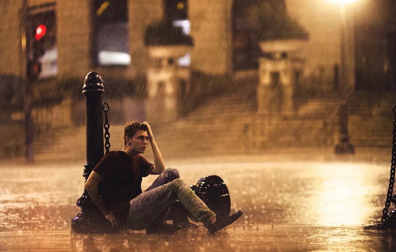 Photo wallpaper rain, mood, street, guy