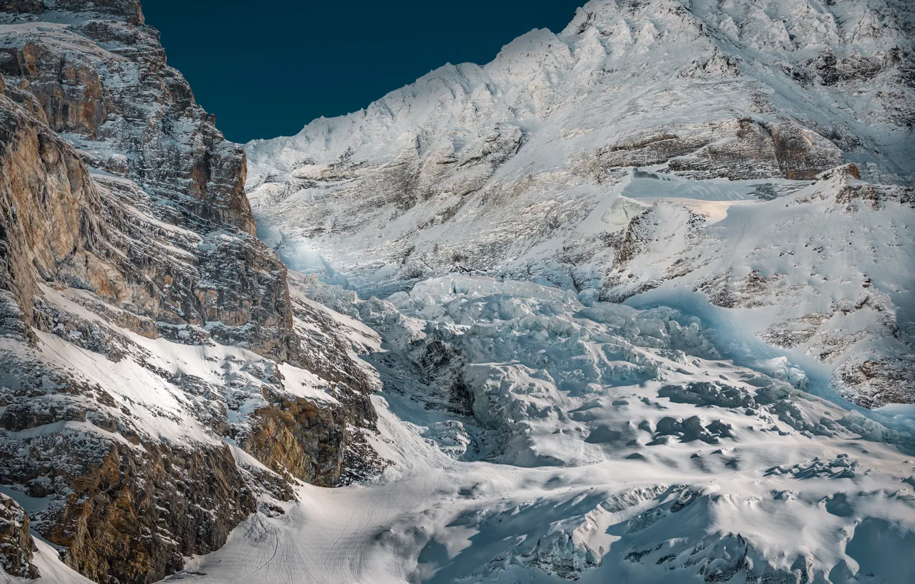Photo wallpaper the sun, snow, mountains, stones, rocks, Switzerland, Alps, The Eiger glacier