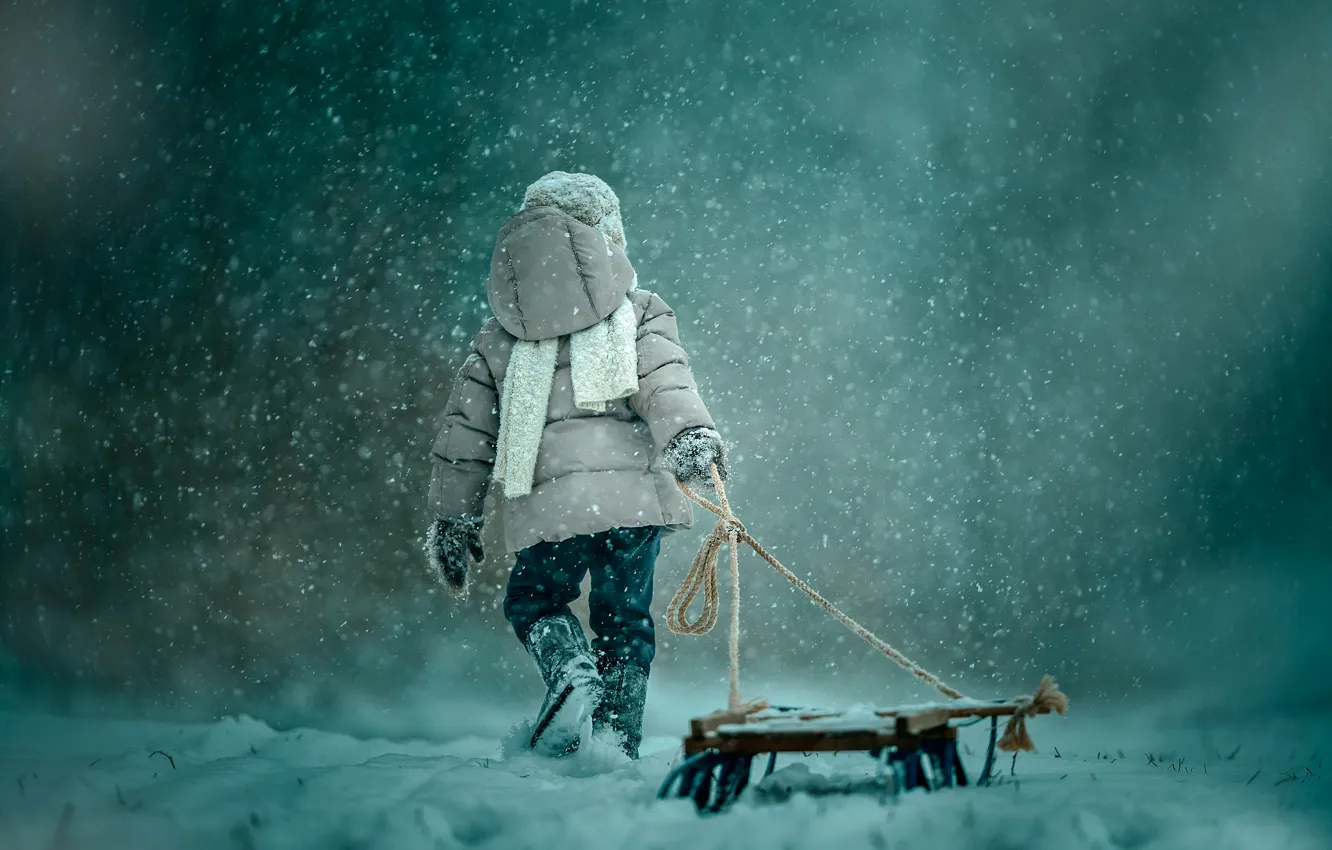 Photo wallpaper snow, children, sled