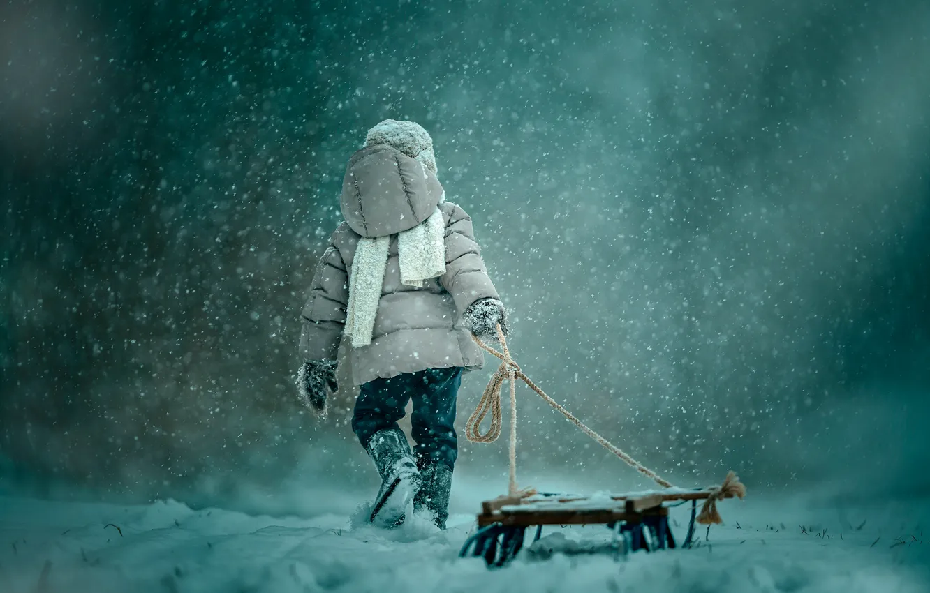 Photo wallpaper snow, sled, child