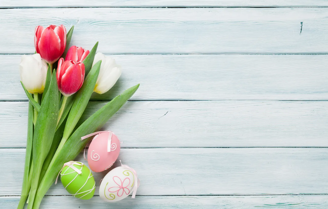 Photo wallpaper flowers, eggs, spring, colorful, Easter, tulips, red, wood