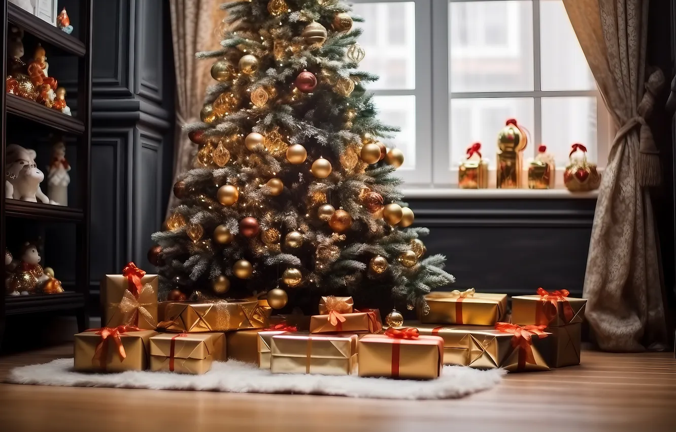 Photo wallpaper decoration, room, tree, interior, Christmas, gifts, New year, Christmas