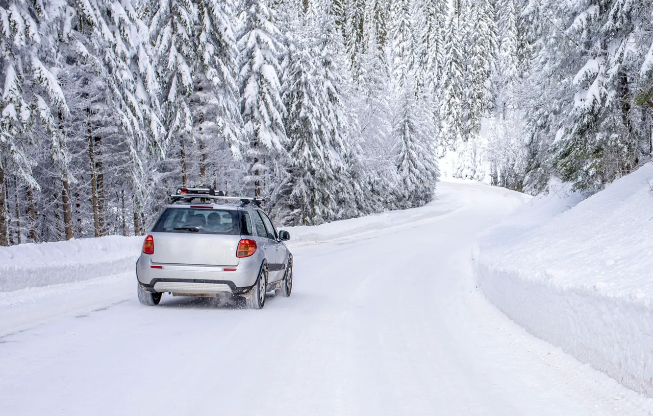 Photo wallpaper winter, road, car, snow, trees, landscape, tree, forest
