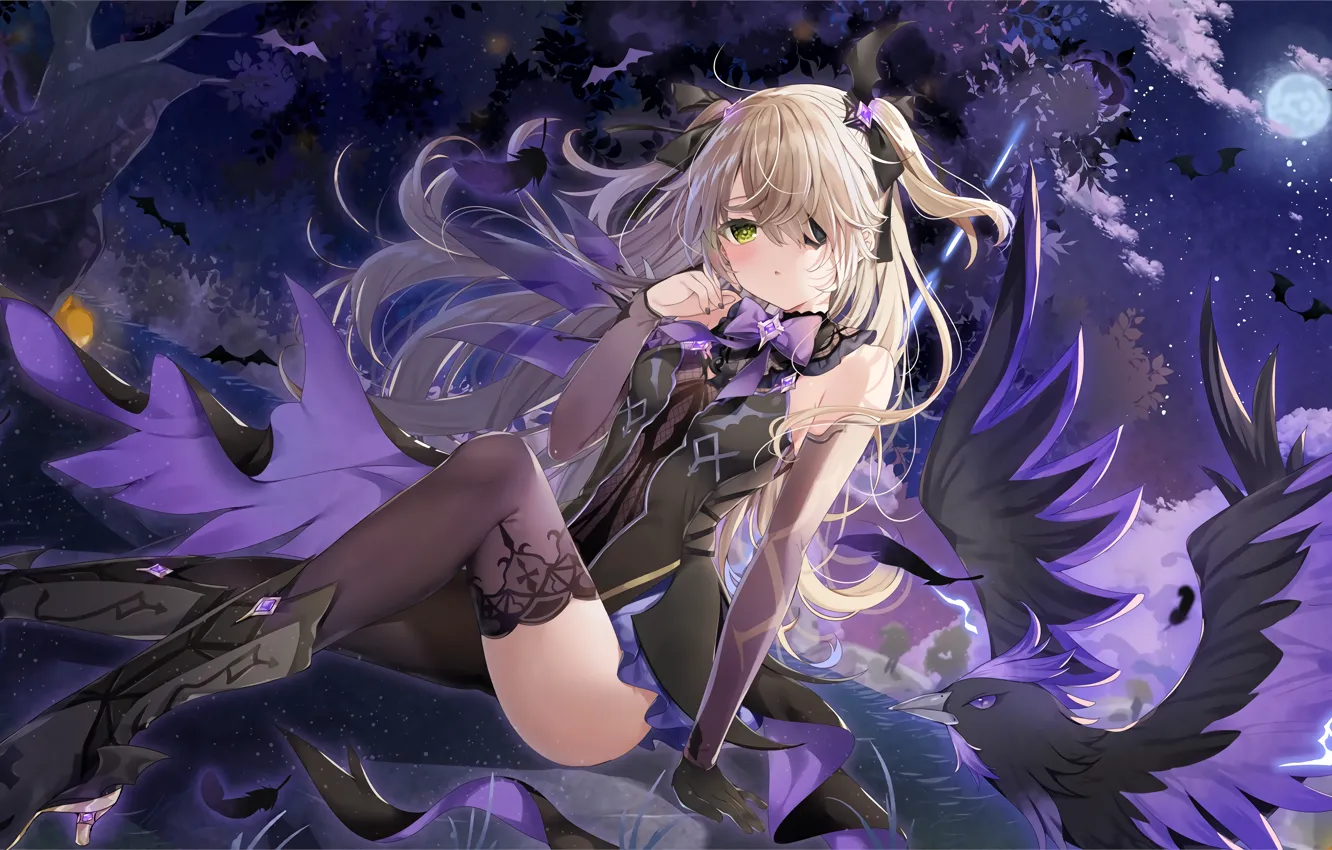 Photo wallpaper girl, sexy, cleavage, thighhighs, long hair, dress, boobs, anime